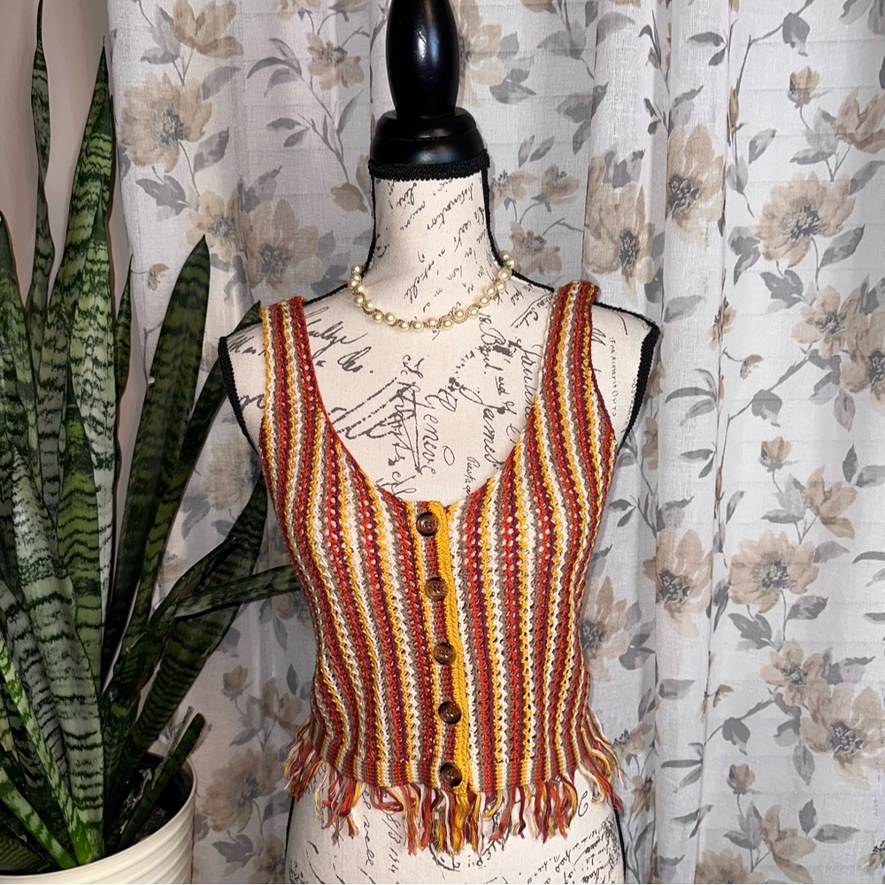 Gilded Intent Striped Crochet Button-Front Tank in Red, Yellow & Cream